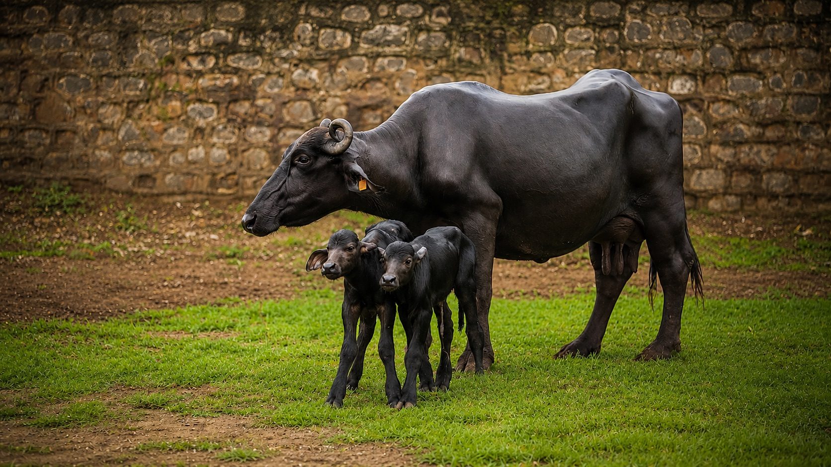 A Geodhara Farm buffalo with her two calves